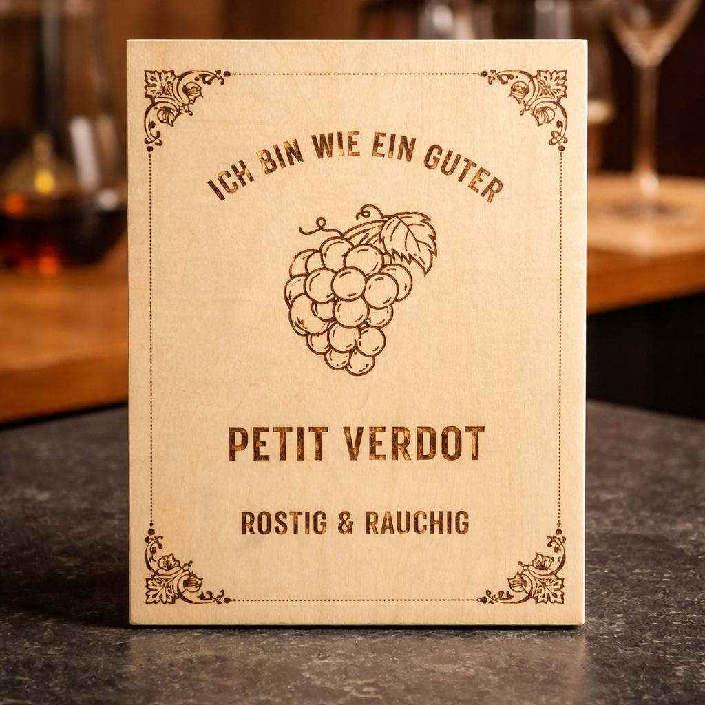 Holzschild Petit Verdot – Lasergravur Weinliebhaber Geschenk | Rostig & Rauchig