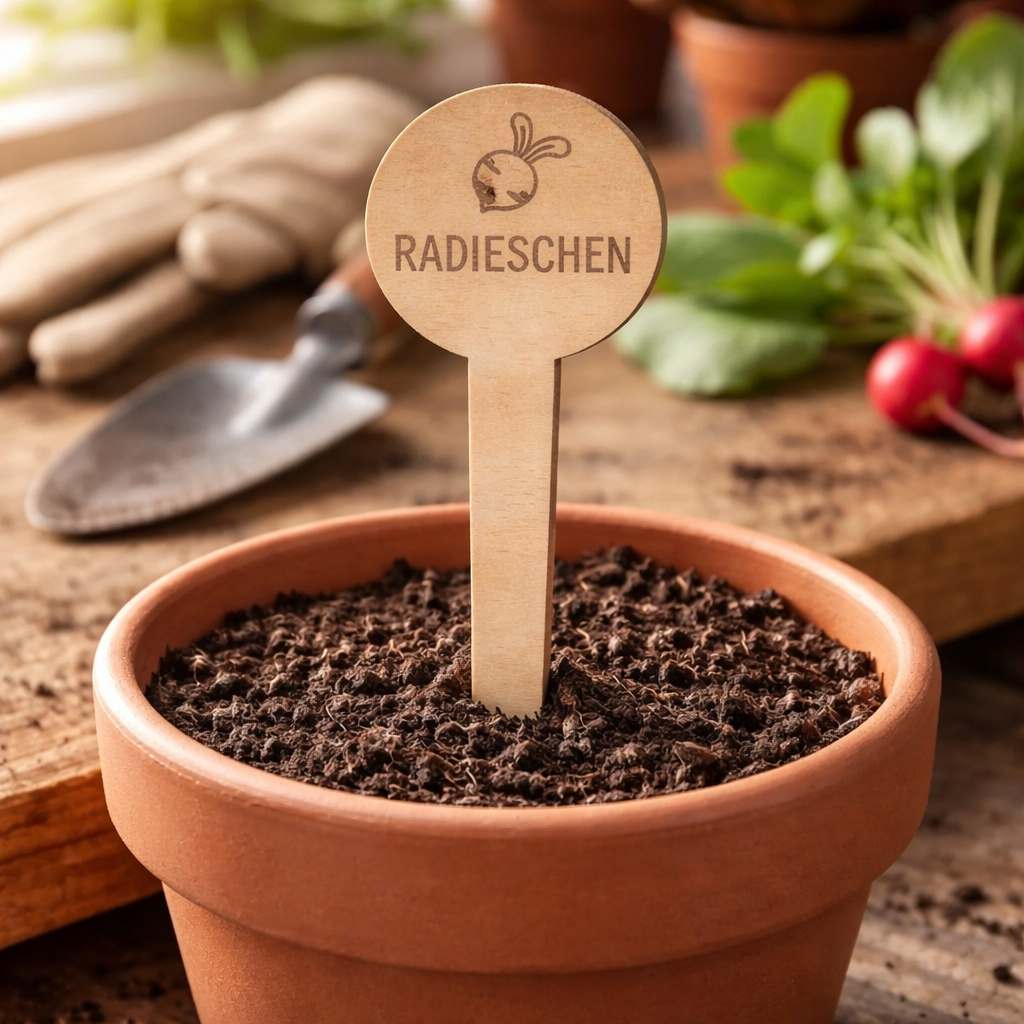 Pflanzenstecker Radieschen – Lasergravur Holzstecker mit Radieschen-Motiv, Gartendeko Geschenk