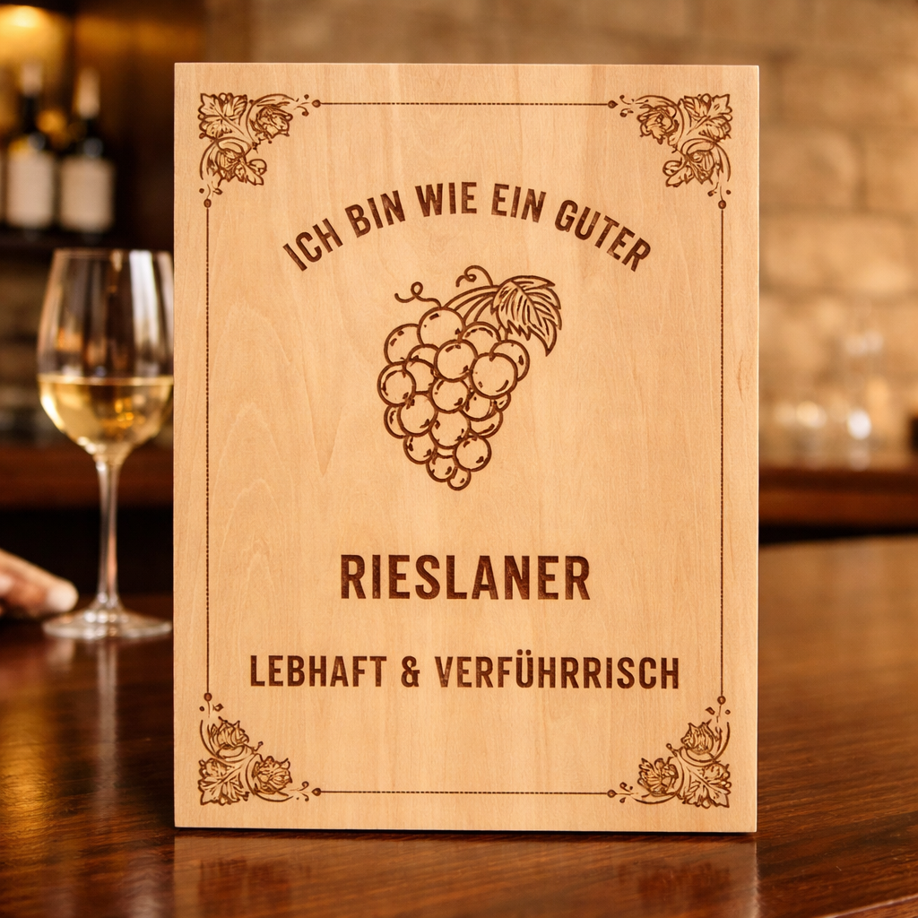 Holzschild Rieslaner – Lasergravur Weinliebhaber Geschenk | Lebhaft & Verführrisch