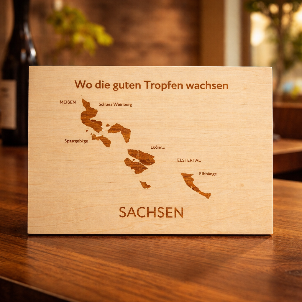 Wooden Sign Saxony – "Where the good drops grow" | Laser Engraving Wine List Saxony