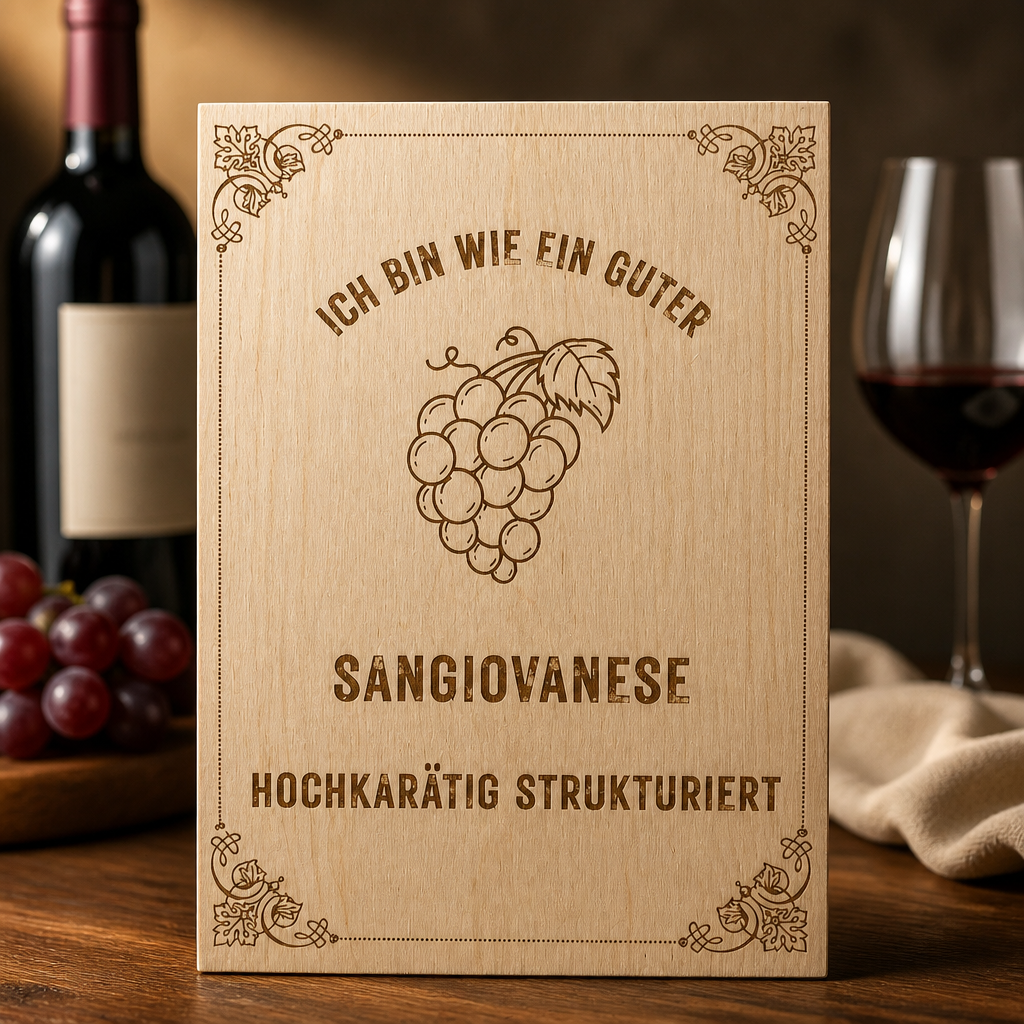 Sangiovanese Holzschild – „Ich bin wie ein guter Sangiovanese“ | Lasergravur Rotwein Geschenk