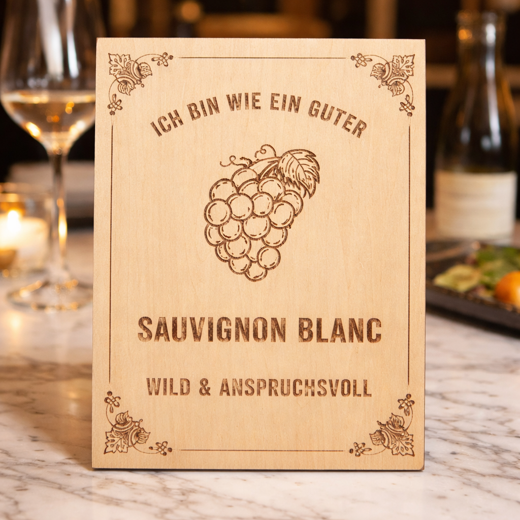 Holzschild Sauvignon Blanc – Lasergravur Weinliebhaber Geschenk | Wild & Anspruchsvoll