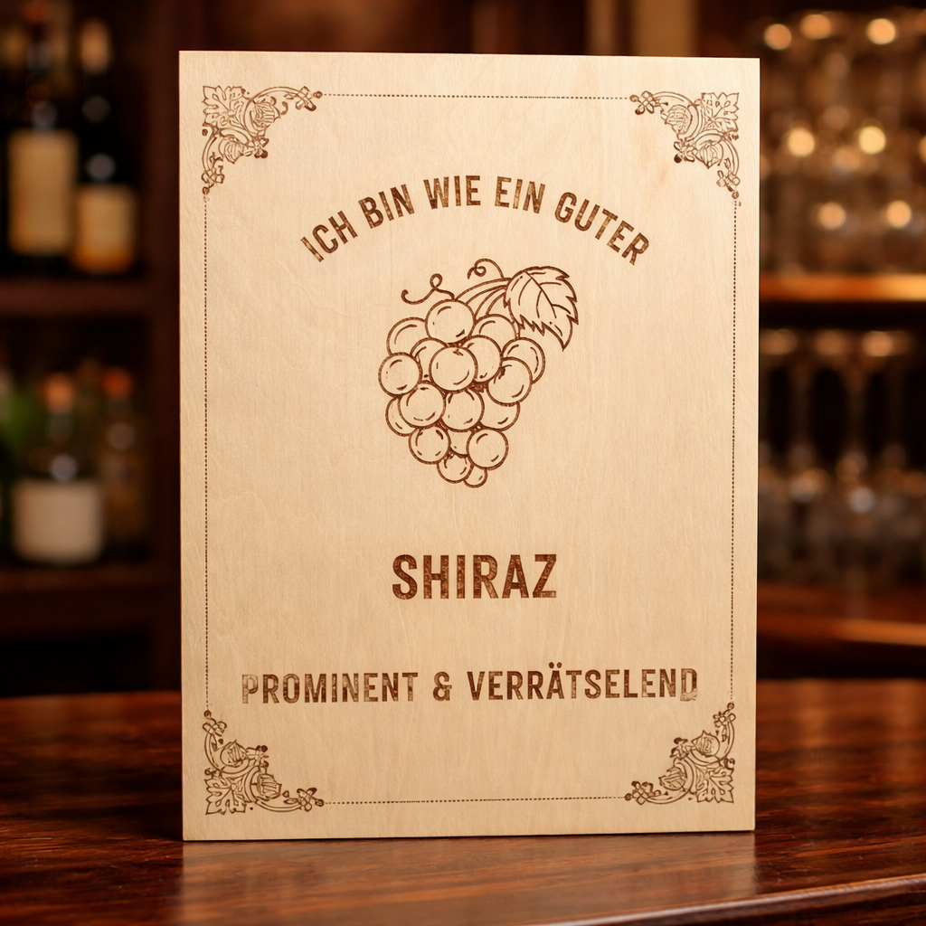 Holzschild Shiraz – Lasergravur Weinliebhaber Geschenk | Prominent & Verrätselend