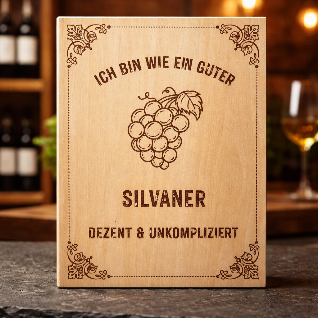 Holzschild Silvaner – Lasergravur Weinliebhaber Geschenk | Dezent & Unkompliziert