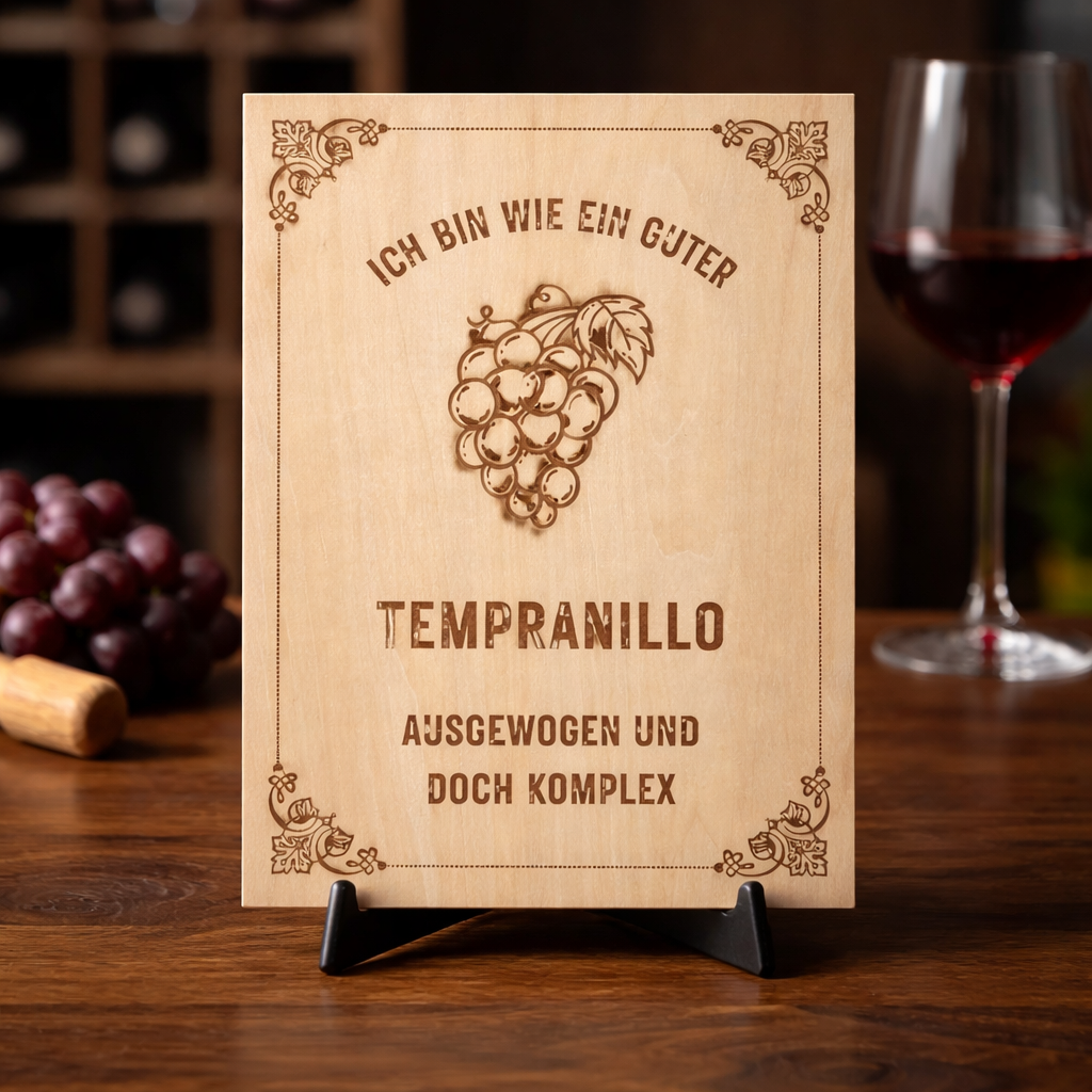 Holzschild Tempranillo – Lasergravur Weinliebhaber Geschenk | Ausgewogen & Komplex
