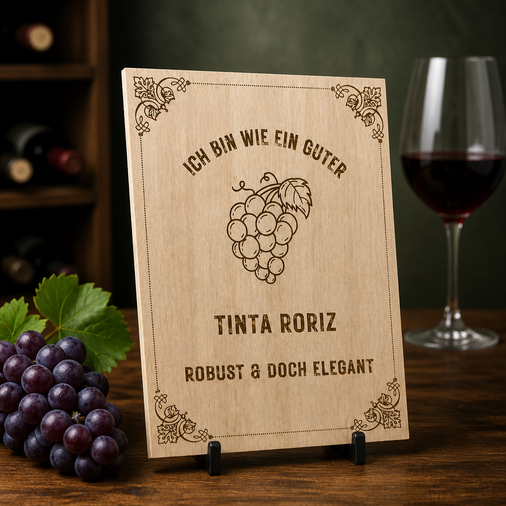 Tinta Roriz Holzschild – „Ich bin wie ein guter Tinta Roriz“ | Lasergravur Rotwein Geschenk