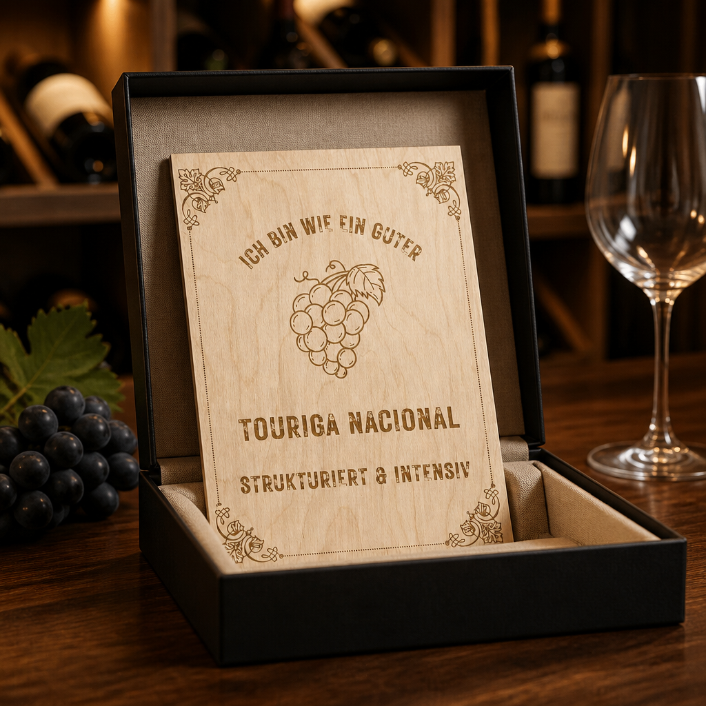 Touriga Nacional Holzschild – „Ich bin wie ein guter Touriga Nacional“ | Lasergravur Rotwein Geschenk