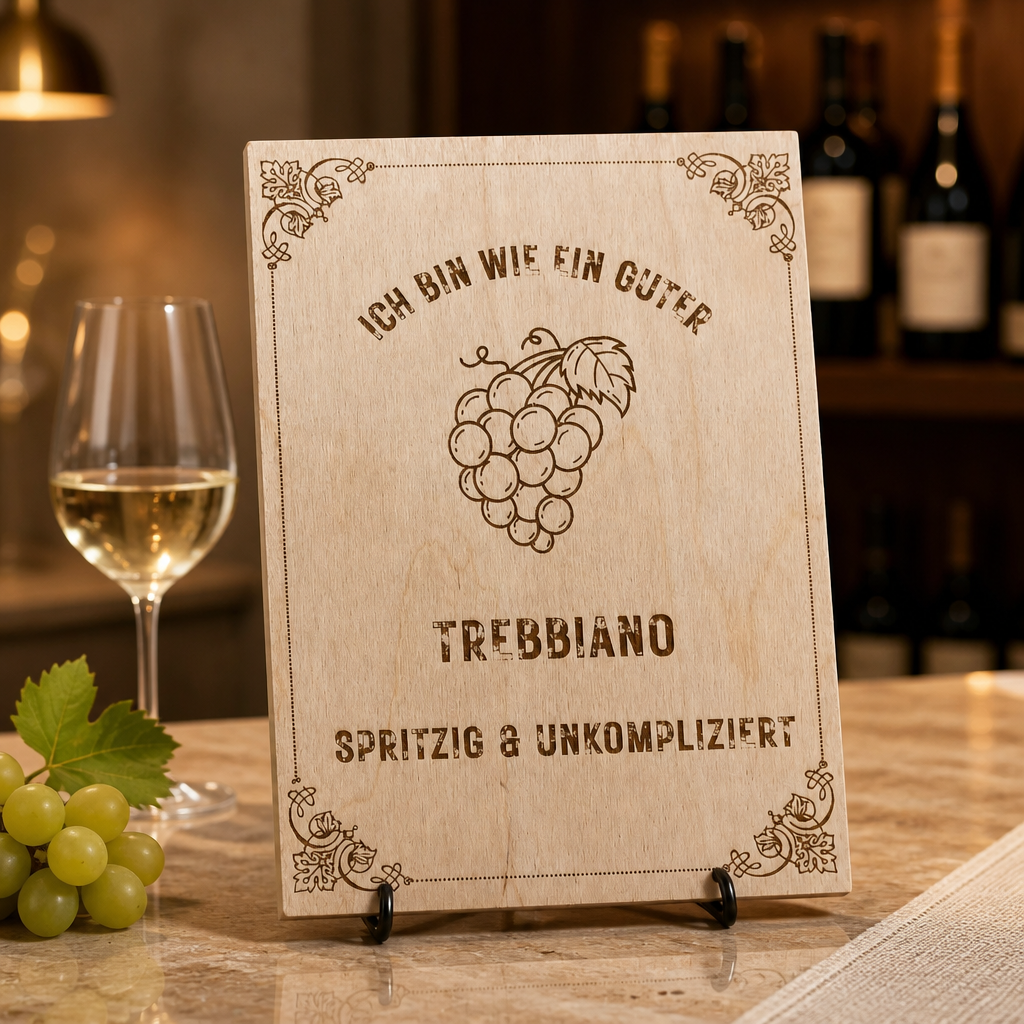 Trebbiano Holzschild – „Ich bin wie ein guter Trebbiano“ | Lasergravur Weißwein Geschenk