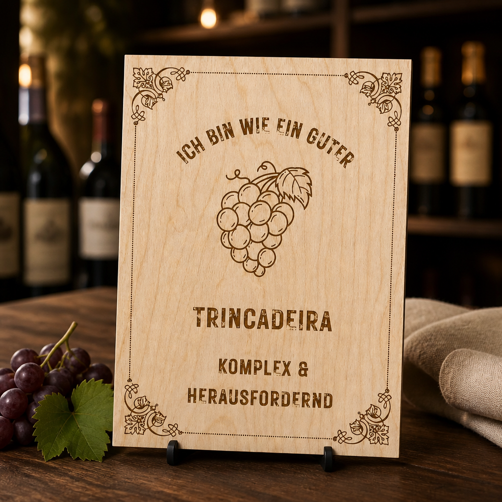 Trincadeira Holzschild – „Ich bin wie ein guter Trincadeira“ | Lasergravur Rotwein Geschenk