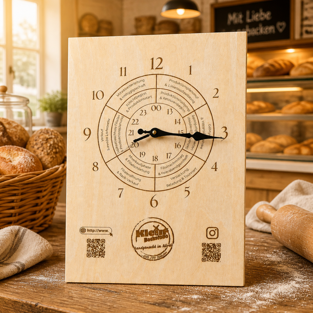 Bäcker-Uhr aus Holz – Personalisierte Backstuben Wanduhr mit Arbeitsabläufen – Lasergravierte Holz Uhr für Bäckerei & Backstube