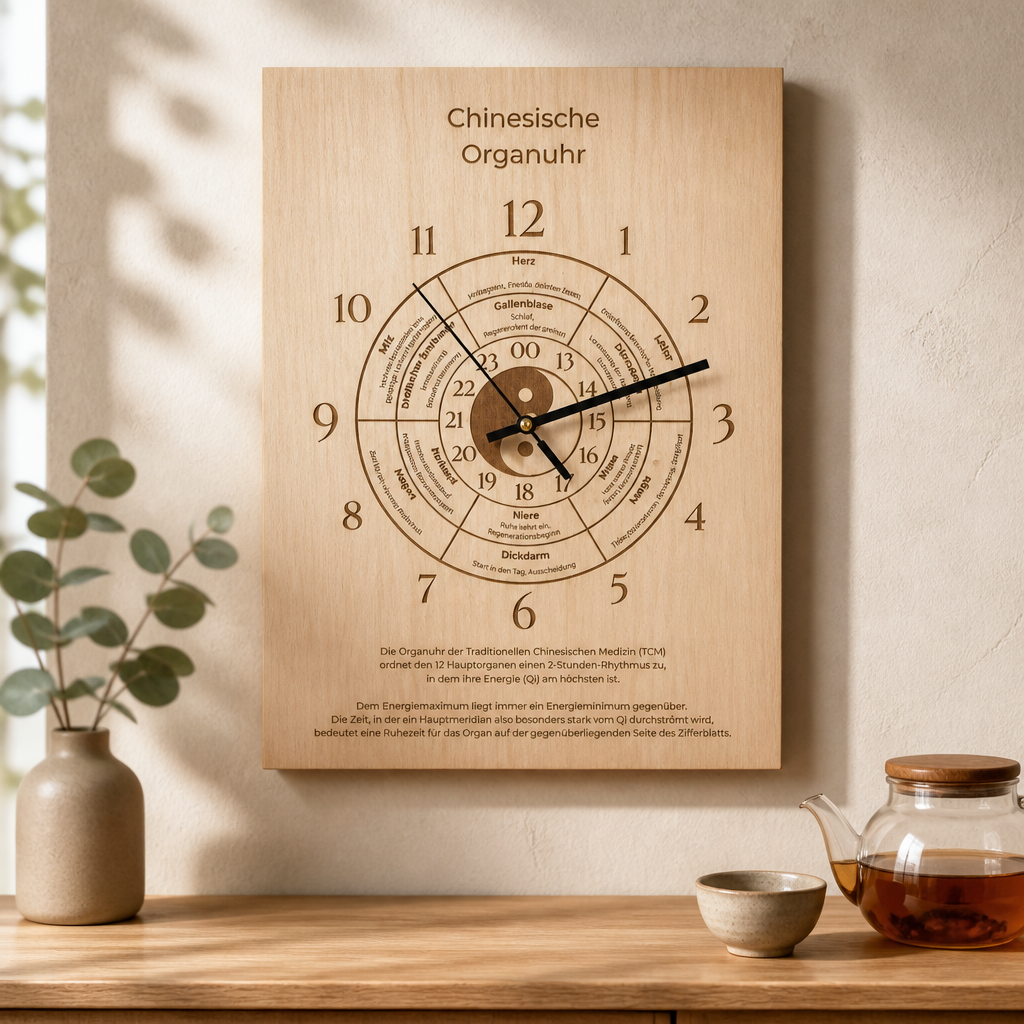 Chinesische Organuhr aus Holz – Lasergravierte TCM Wanduhr mit Yin Yang Design – Dekorative Lernuhr für Meditation & Wellness