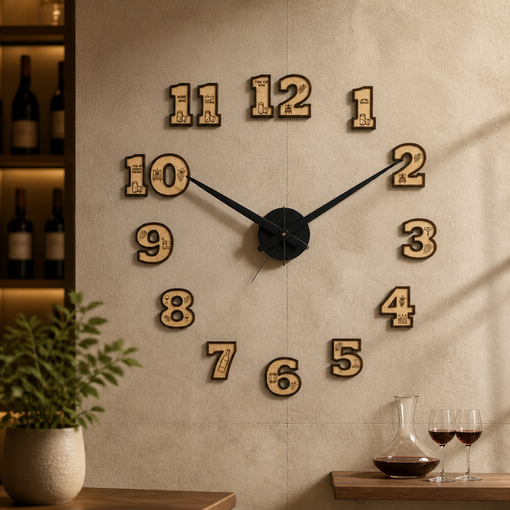 XXL Wein Wanduhr aus Holz – Lasergravur Ziffern mit Wein-Motiven | Geschenk für Weinliebhaber