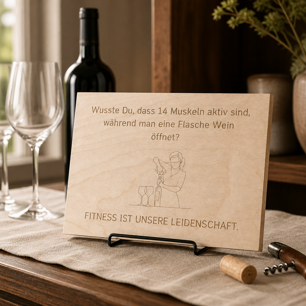 Holzschild Wein Fitness | 14 Muskeln beim Wein  öffnen | Lasergravur Geschenk