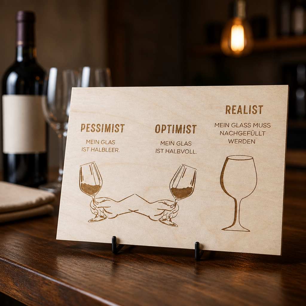 Holzschild Wein Realist | Pessimist Optimist Realist Glas nachfüllen | Lasergravur Geschenk