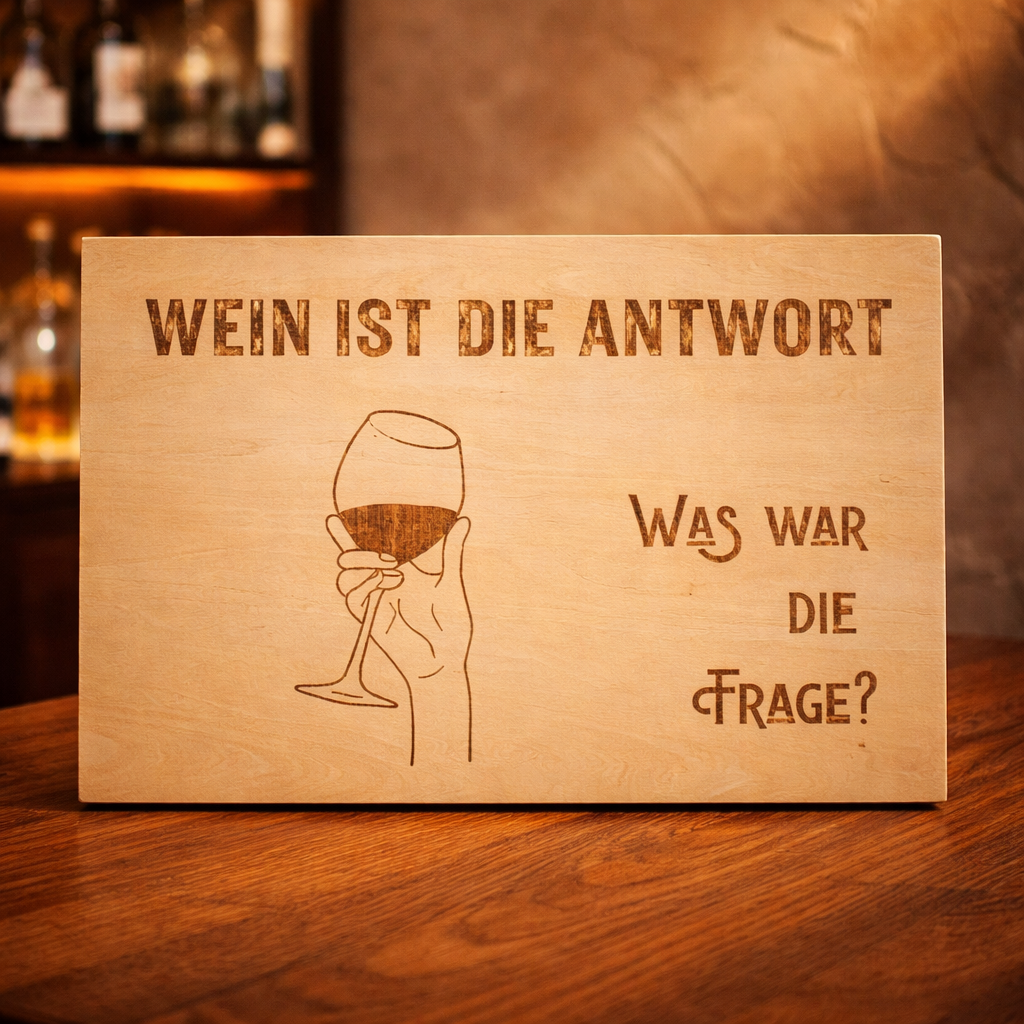 Wooden Sign "Wine is the Answer" – What Was the Question? | Wine Humor Engraving on Natural Wood