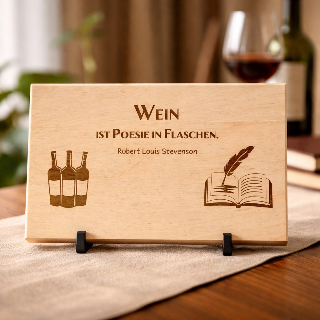 Wooden sign "Wine is bottled poetry" – Robert Louis Stevenson quote engraving