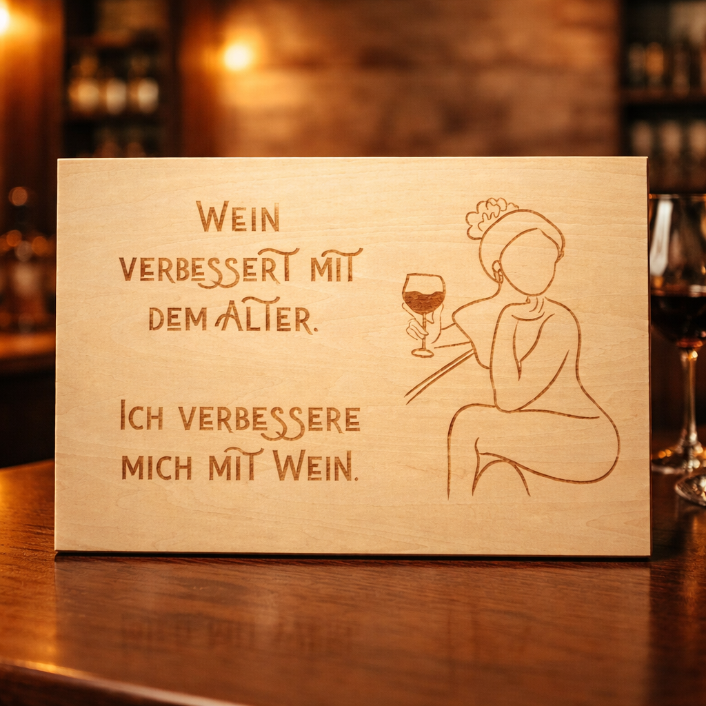 Wooden sign "Wine improves with age" – I improve with wine | Ladies' Engraving