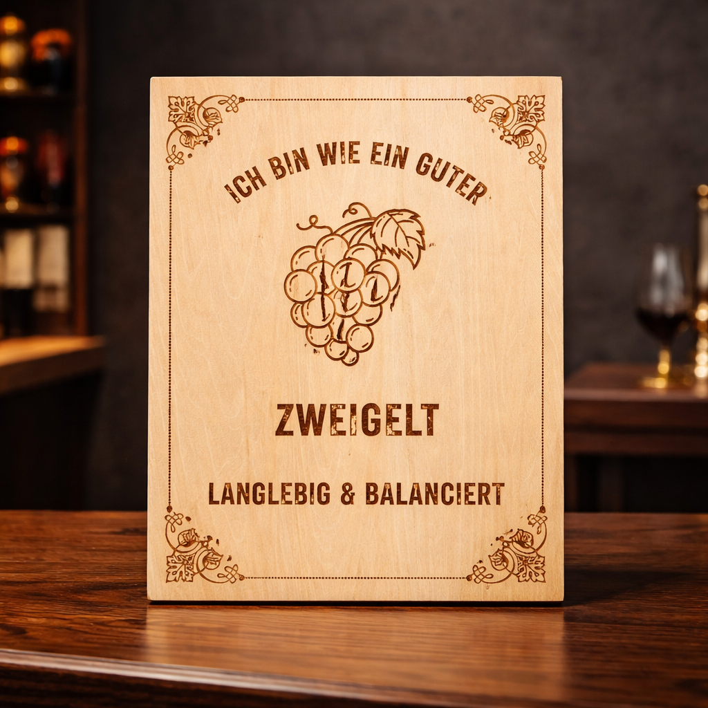 Holzschild Zweigelt – Lasergravur Weinliebhaber Geschenk | Langlebig & Balanciert