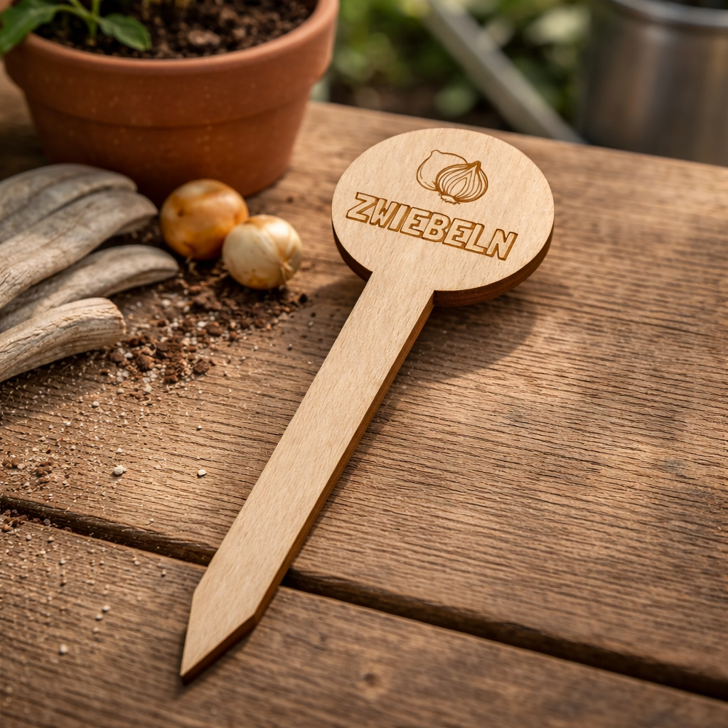 Pflanzenstecker Zwiebeln – Lasergravur Gartendeko Geschenk | Holzschild Gemüsegarten